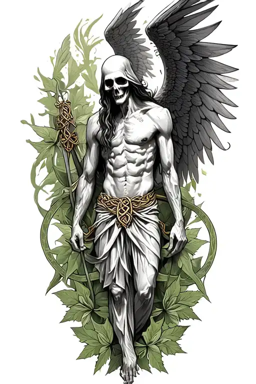 Skinny Lucifer With Wings In Style Of Grim Reaper Surrounded By Celtic Leaves