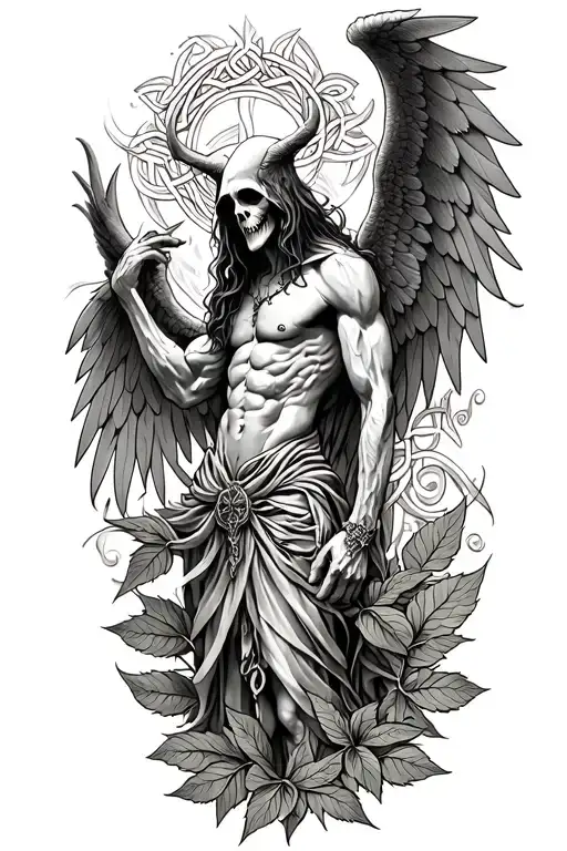 Skinny Lucifer With Wings In Style Of Grim Reaper Surrounded By Celtic Leaves