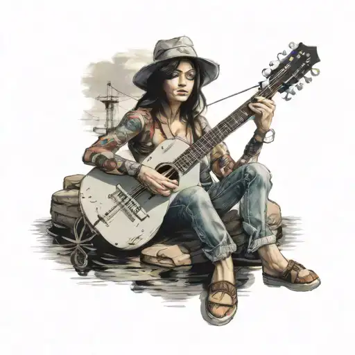 A Realistic Portrait Of A Woman Playing A Guitar While Fishing On A Boat