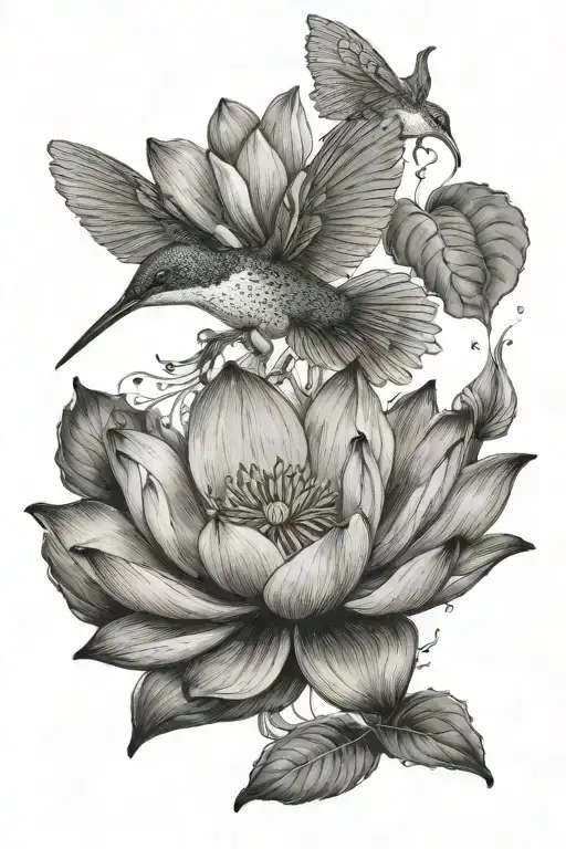 Lotus And Hummingbird Hovering