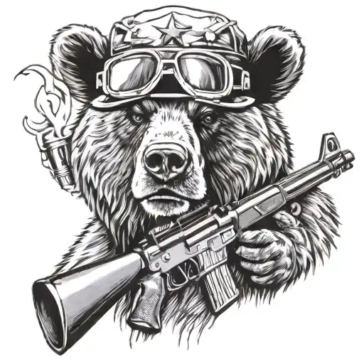 Grizzley Bear With Usmc Insignia Helmet Holding A Machine Gun And Smoking A Cigar
