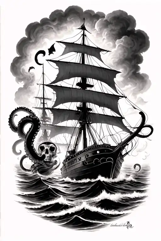 Pirate Ship Battling A Giant Octupus
