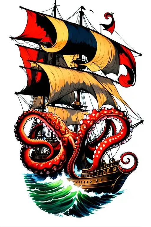 Pirate Ship Battling A Giant Octupus