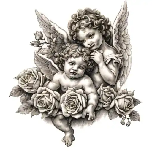 2 Cherubs Playing With Roses Mom Women Angel With Wings