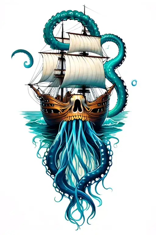 Kraken With Blackbeard's Ship And Jellyfish