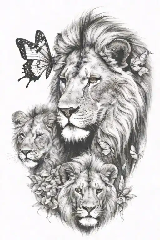 Male Lion With 2 Female Cubs And One Butterfly