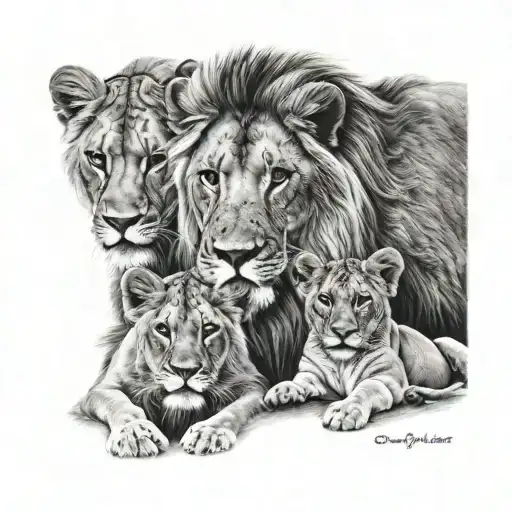 Male Calm Lion With Two Female Cubs