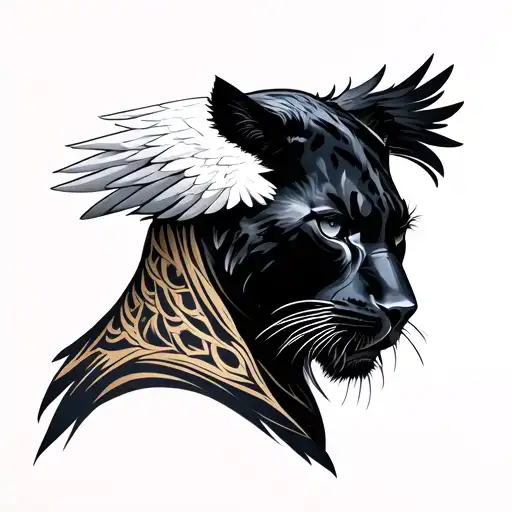 Minimalist Side Neck Tattoo For Men With Black Panther Side Face And Eagle Wings