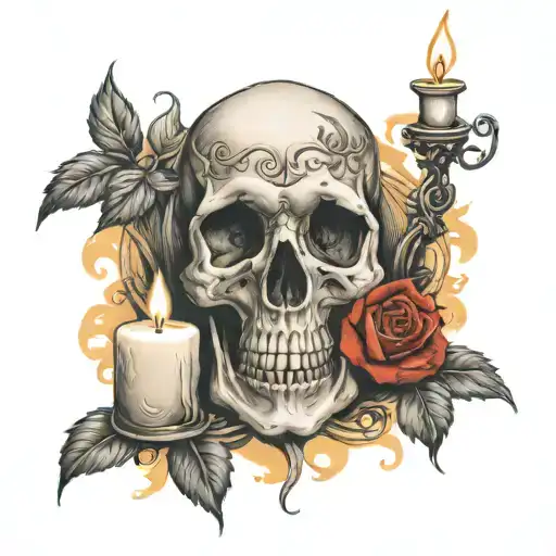 Rose Skull And Candle Representing Life And Death