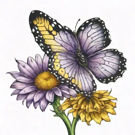 Purple Daisy On A Stem With A Yellow Butterfly