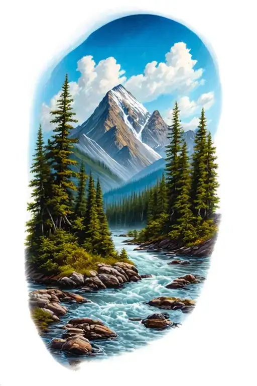 River In A Forest With Mountain Range