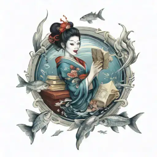 A Geisha Reading A Book Underwater Surrounded By Swimming Fish