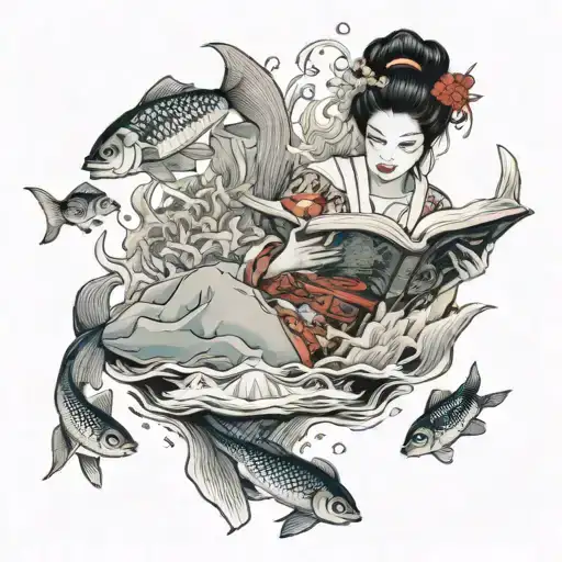 A Geisha Reading A Book Underwater Surrounded By Swimming Fish