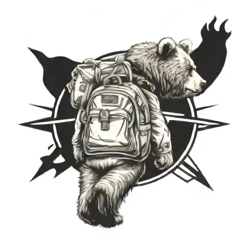 Teddybear Walking Wearing Backpack In Front Of Compass