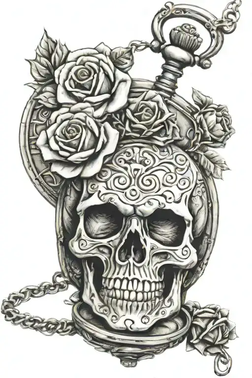 Gems Skull Roses Pocket Watch On Chain