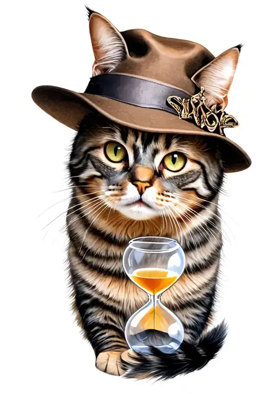 Adult Cat In Realism With A Hat Next To An Hourglass