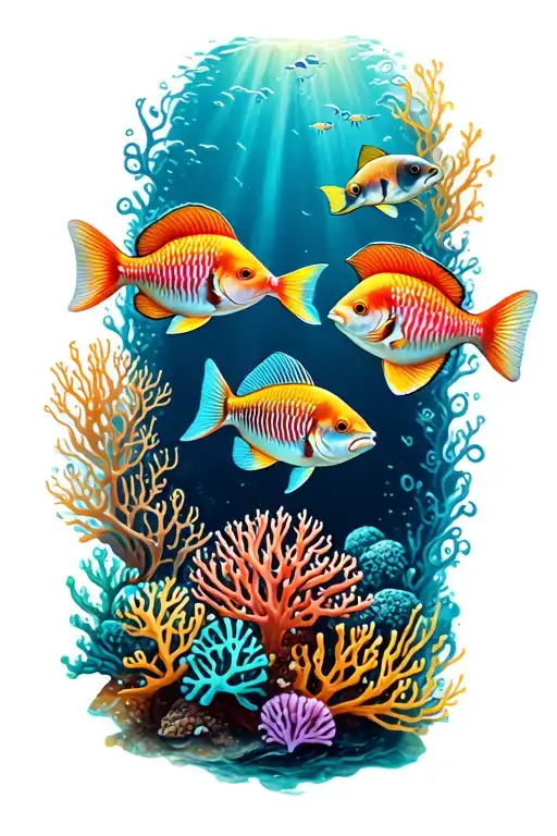 Ocean With Small Fish And Corals