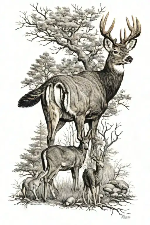 Whitetail Deer And Turkey With Trees