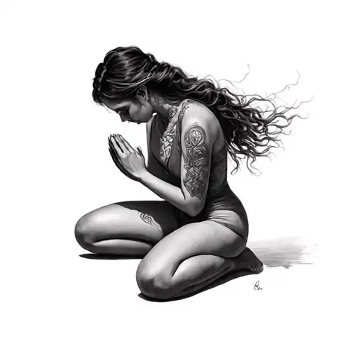 Drawing Of A Woman Who Is Kneeling And Praying With Beautiful Form