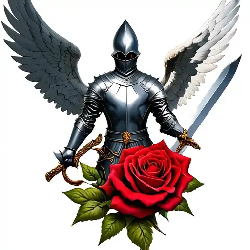 A Knight With A Sword And Wings Above A Rose