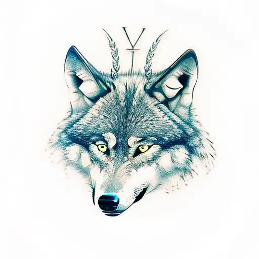 Wolf With Green Eyes And Taurus Symbol On The Head