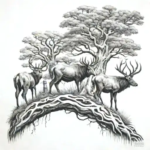Mother Nature Kneeling By The Tree Of Life With Two Elks