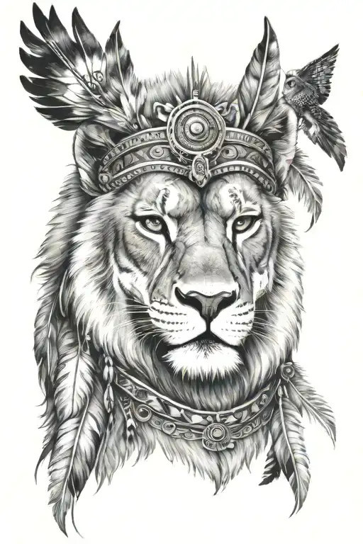 A Native American Style Lioness Wearing A Headdress With An Owl In It