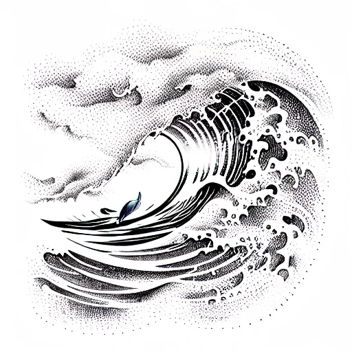 Ocean Wave With Dolphin And Palm Trees On Island