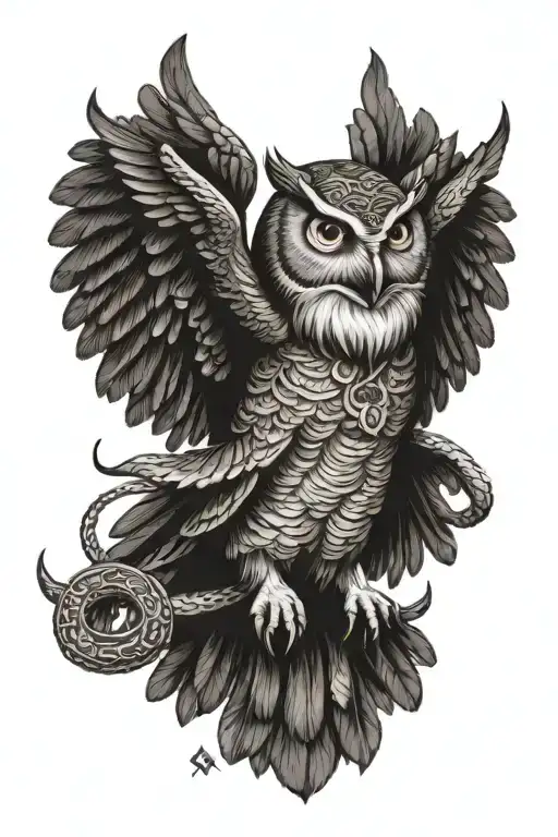 A Native American Style Owl Flying Wearing A Headdress Holding A Snake In Its Clawed Feet