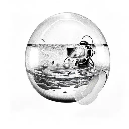 Two Traditional Human Deep Sea Divers Floating In A Fishbowl Black And White