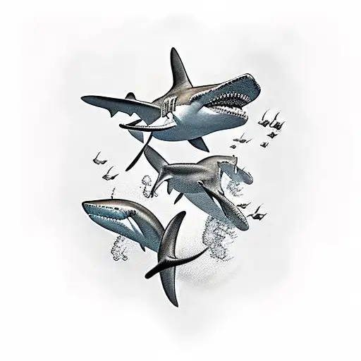 Group Of Hammerhead Sharks