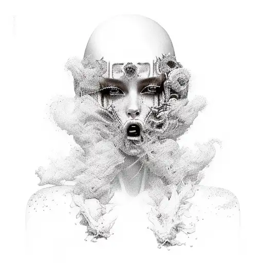 Gothic Womans Face Without Eyes And Mouth Blowing Smoke