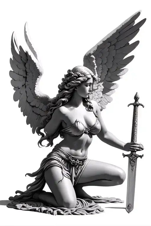 Kneeling Female Angel With Sword Statue