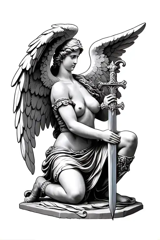 Kneeling Angel With Sword Statue