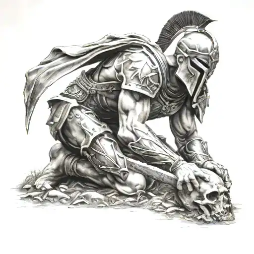 A Spartan Kneeling On A Grave
