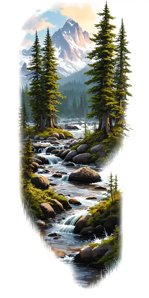 A Dense Forest With A Stream And Mountains In The Background