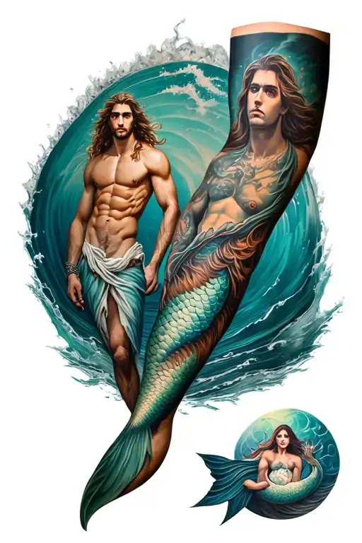Forearm Sleeve Tattoo Featuring Poseidon And A Sexy Mermaid