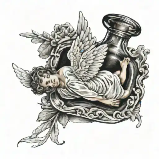 An Angel Coming Out Of A Bottle Is Lying Down