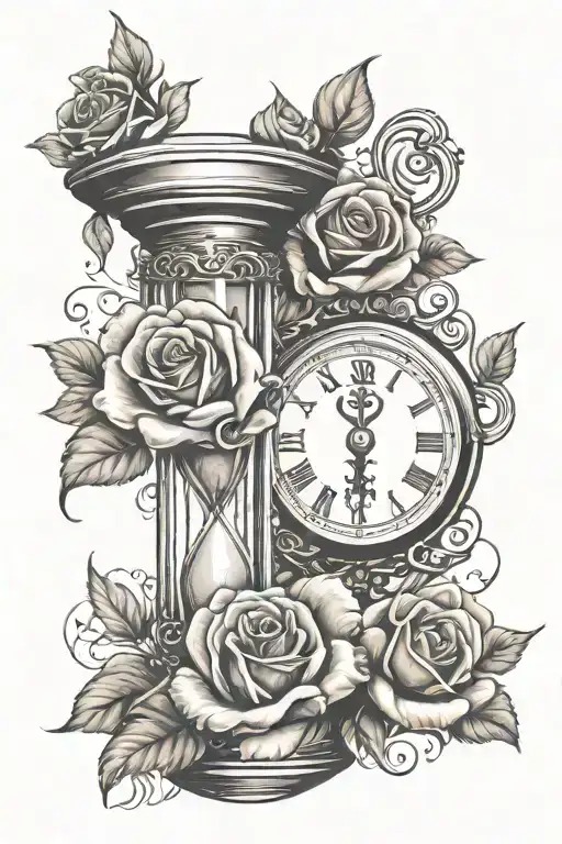 Cross With Roses And A Clock Breaking Into A Hour Glass With Sand Turning