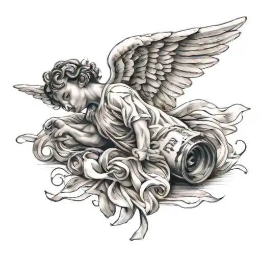 An Angel Coming Out Of A Bottle Is Lying Down