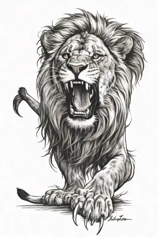 Make The Face Of A Lion Growling And Show One Paw Sticking Out Its Claws In The Foreground