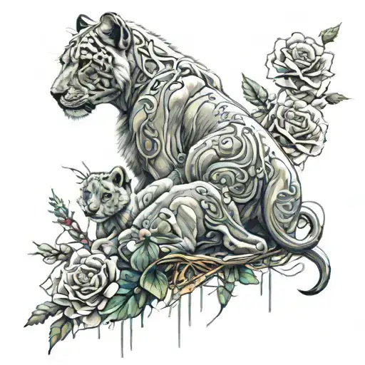 A Futuristic Cyberpunk Version Of A Lioness And Cub Surrounded By Neon Flowers