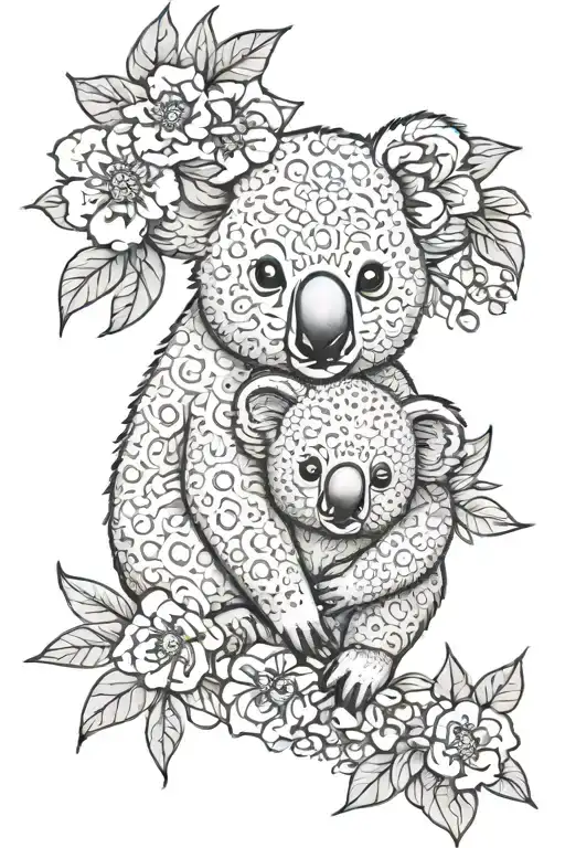 Flowers And Koala Holding A Baby Koala Hugging Flower Mandala