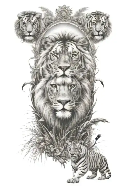 Lion With A Punjabi Khanda Symbol And A Tiger Emerging From A Field Of Grass Under The Lion