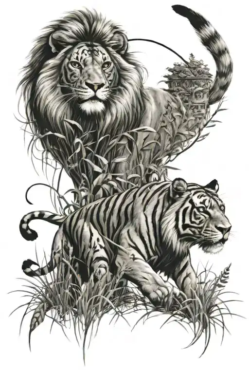 Lion With A Punjabi Khanda Symbol And A Tiger Emerging From A Field Of Grass Under The Lion