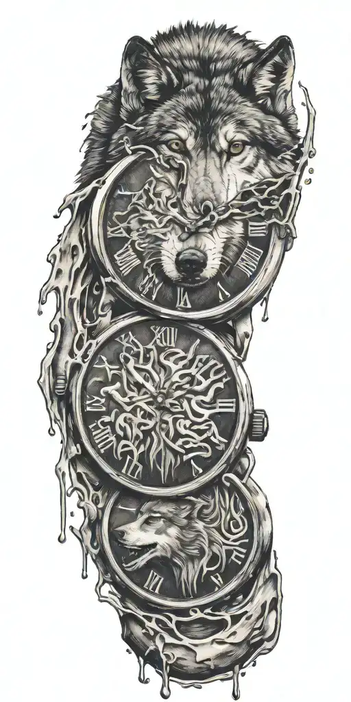 A Melting Watch And Below Musical Notes With A Silhouette Of A Wolf And His Puppy Below
