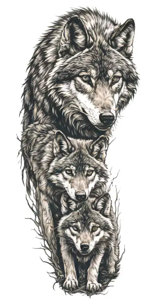 A Wolf And His Cub Together In A Forest