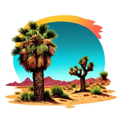 Mohave Desert With Palm Tree And Joshua Tree