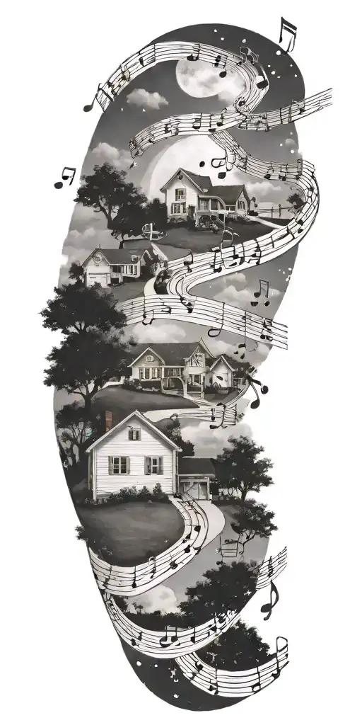 A Suburban Neighborhood With Music Notes Floating In The Sky