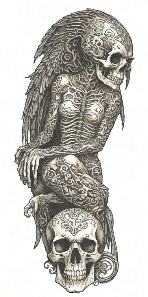 Morrigan Irish Goddess Nude Seated Skull Throne Abs Nipples Muscles Feet On Skull